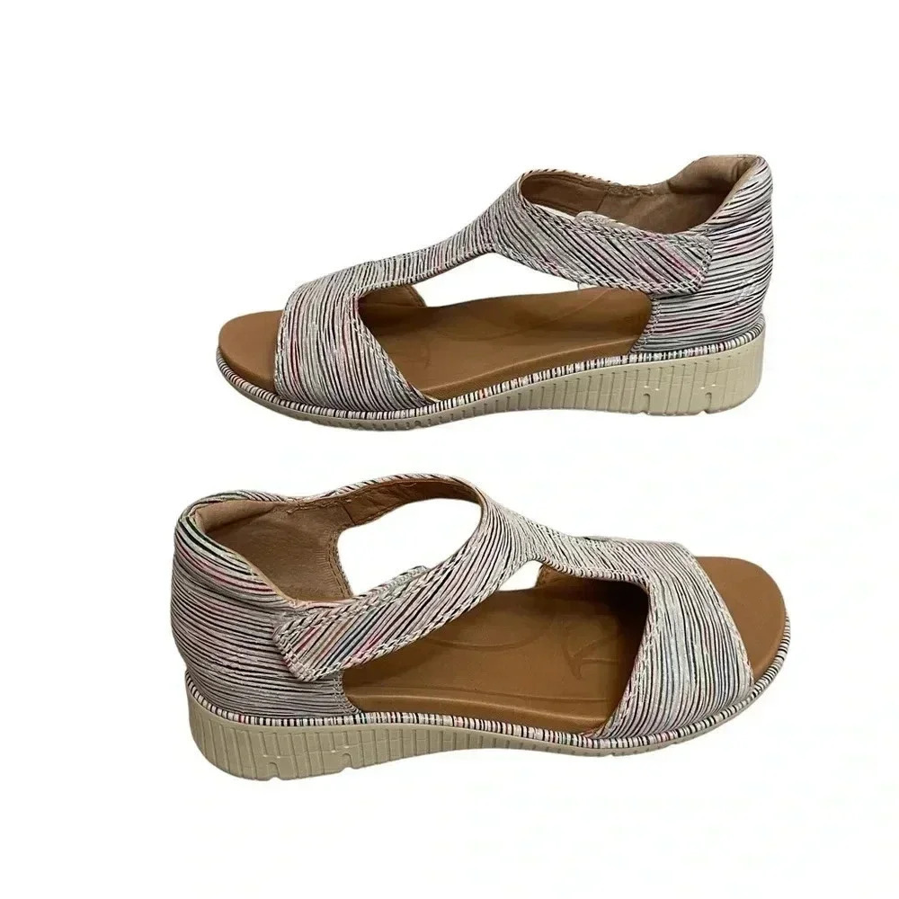 Nurture Multicolor Striped Leather Low Wedge Hook and Loop Sandals Womens size 8
